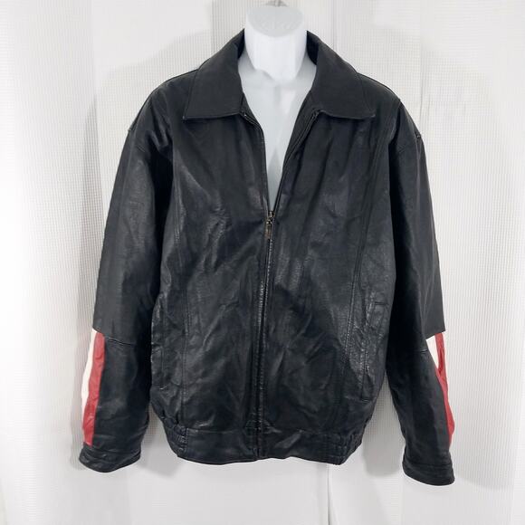 VINTAGE OSCAR PIEL! HOT BLACK GENUINE LEATHER, AMERICA BIKER/MOTO JACKET! SZ L - Picture 6 of 11
